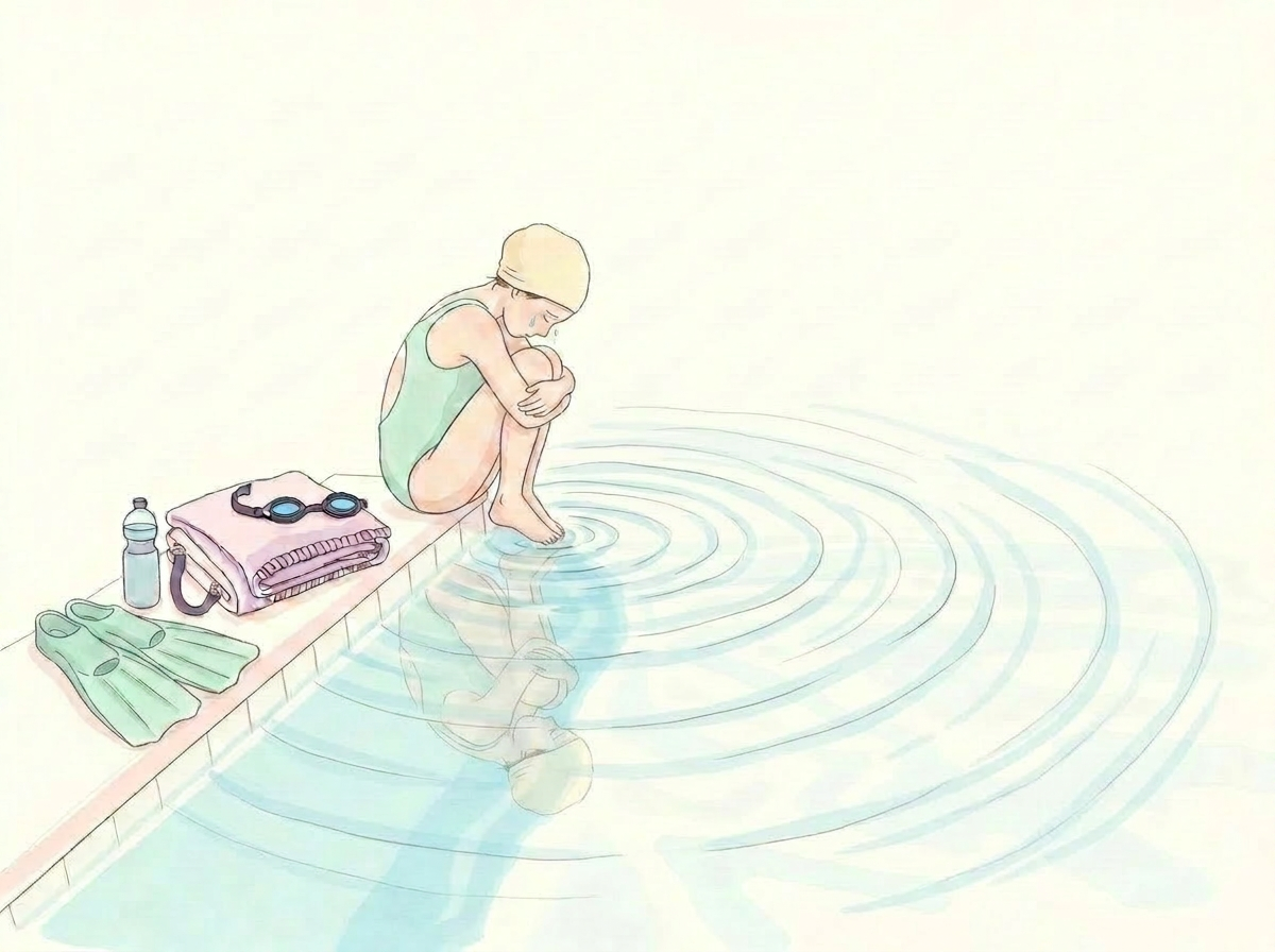 Handgetekende illustratie van een teneergeslagen zwemmer aan de rand van het zwembad naast een handdoek en zwembril